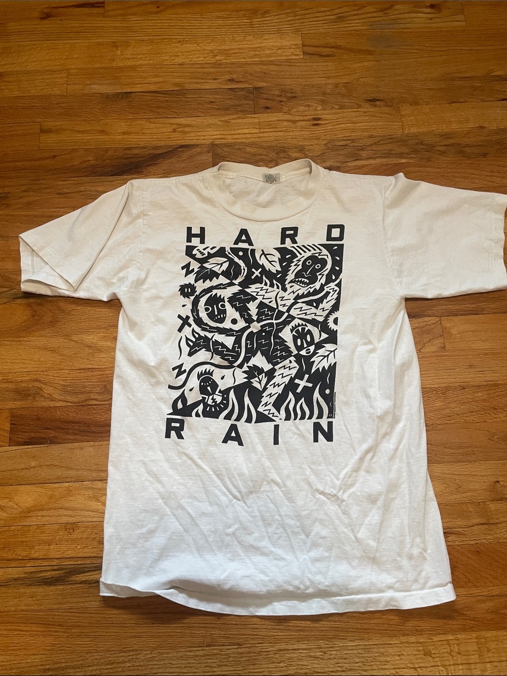 Stussy White Tee with Black Hard Rain Graphic